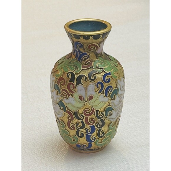 VTG Antique Chinese Cloisonne Enamel Brass Bud Vase Miniature 3” Floral Lotus - Picture 1 of 12